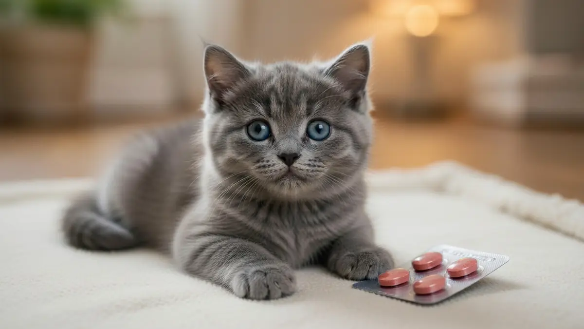 Un chaton gris allongé sur un tissu blanc à côté d'un vermifuge pour chaton