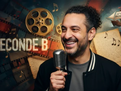 Pascal Jaubert sourit en tenant un micro vintage sur un fond artistique coloré