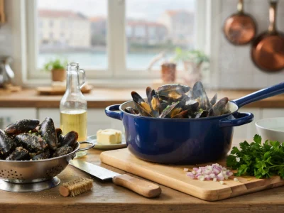 La table de cuisine présente des moules et des ingrédients pour la recette moule à la marinière