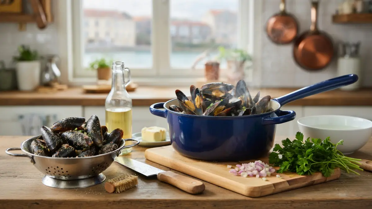 La table de cuisine présente des moules et des ingrédients pour la recette moule à la marinière
