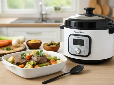 Un plat de viande et légumes cuisiné avec un pot-au-feu Cookeo posé sur un plan de travail en bois