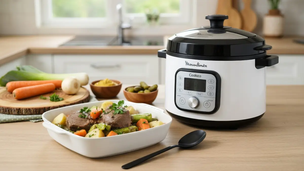 Un plat de viande et légumes cuisiné avec un pot-au-feu Cookeo posé sur un plan de travail en bois