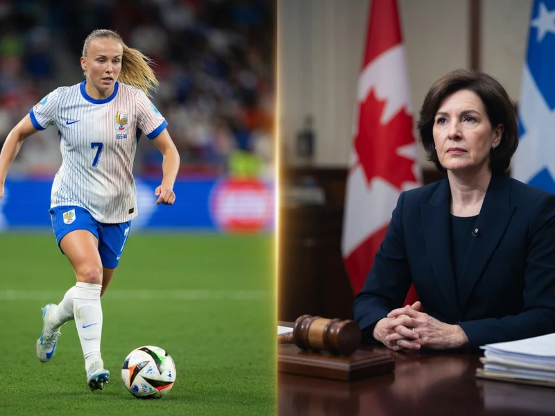 Julie Dufour est illustrée en footballeuse sur le terrain et en professionnelle dans un bureau