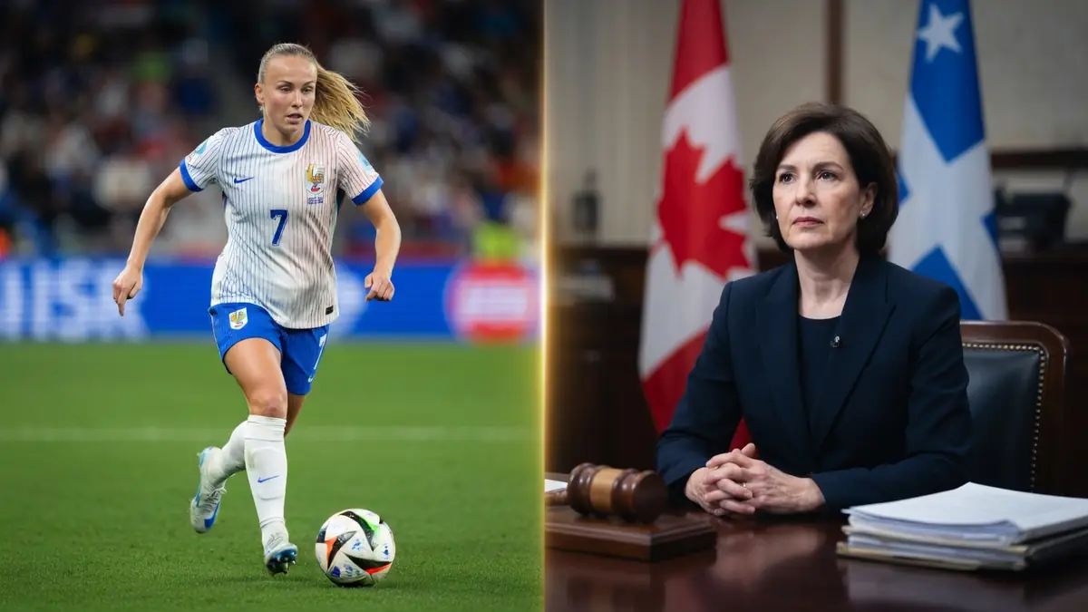 Julie Dufour est illustrée en footballeuse sur le terrain et en professionnelle dans un bureau