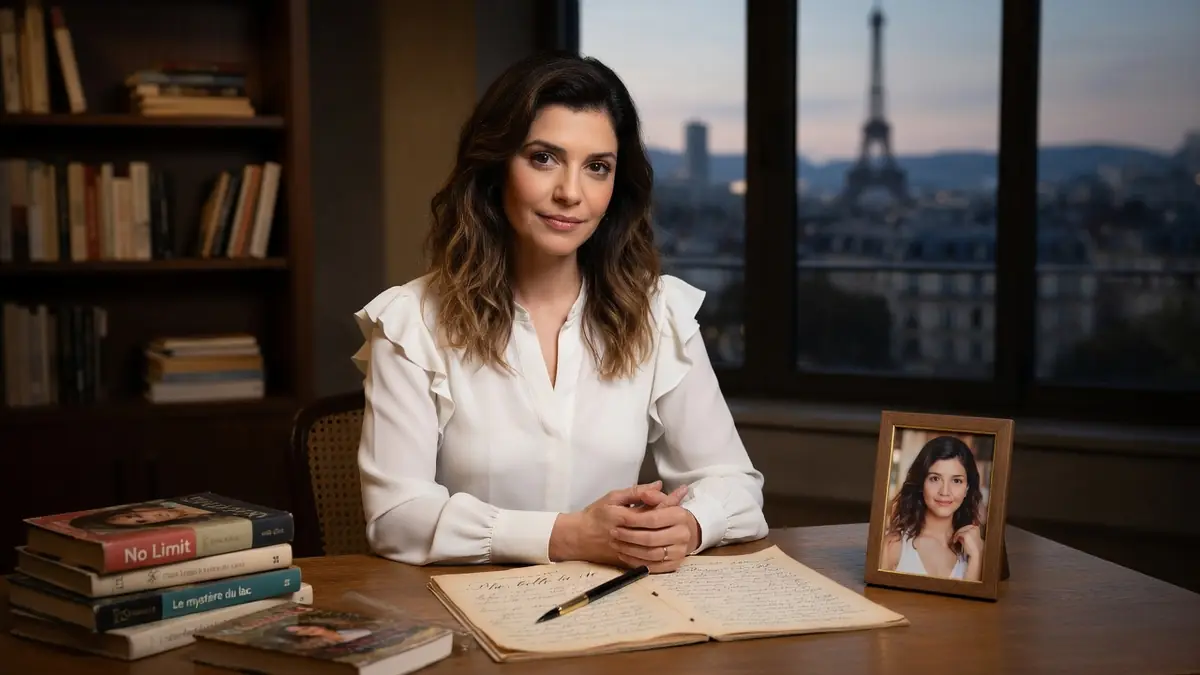 Ludivine Manca est assise à un bureau devant une vue sur la tour Eiffel