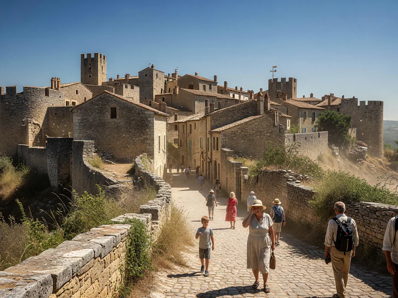 Des visiteurs marchent sur un chemin pavé en profitant de la météo à Carcassonne