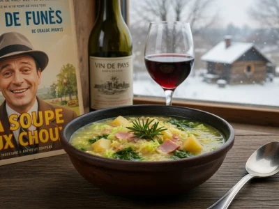 Un bol de recette La Soupe aux choux accompagné d'une cuillère et d'un verre de vin rouge près d'une fenêtre enneigée