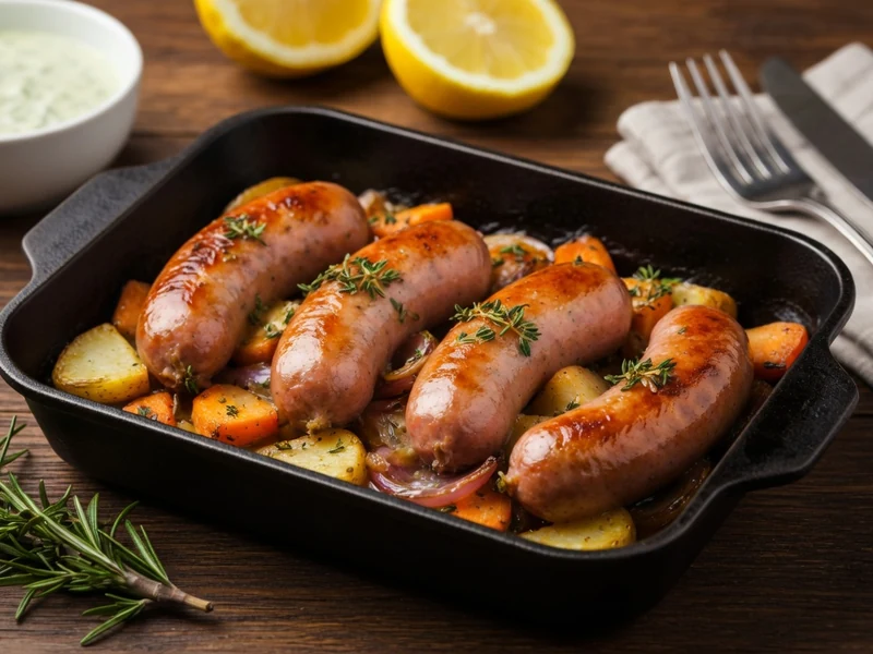 Des saucisses de Toulouse au four sont disposées dans un plat en fonte avec des pommes de terre et des carottes rôties