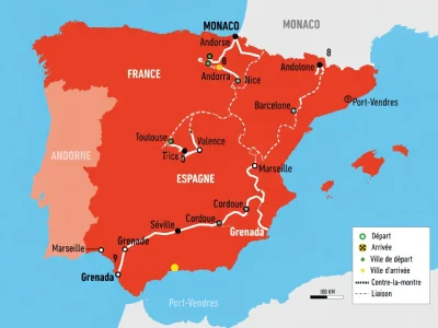 Carte du tour d'Espagne 2026 montrant un itinéraire cycliste à travers l'Espagne et la France