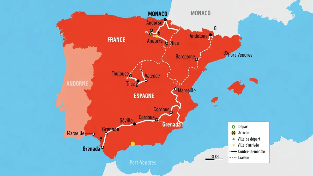 Carte du tour d'Espagne 2026 montrant un itinéraire cycliste à travers l'Espagne et la France