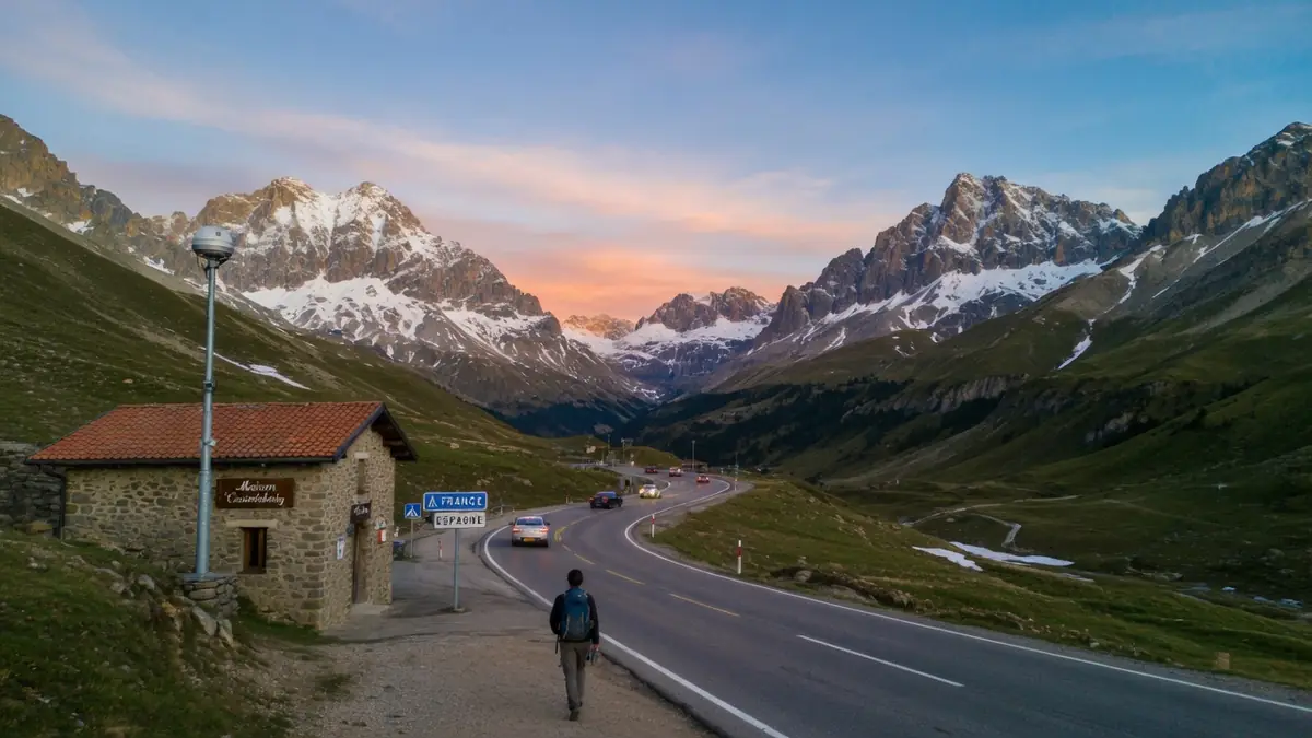 La webcam Pourtalet montre un randonneur marchant près d'une route de montagne bordée de sommets enneigés