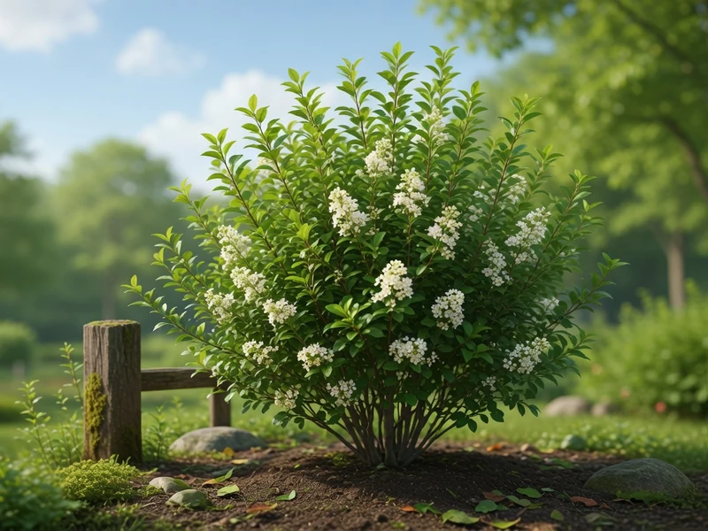 Un ligustrum en fleurs dans un jardin paysager avec des arbres en arrière-plan