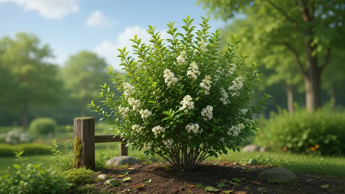 Un ligustrum en fleurs dans un jardin paysager avec des arbres en arrière-plan