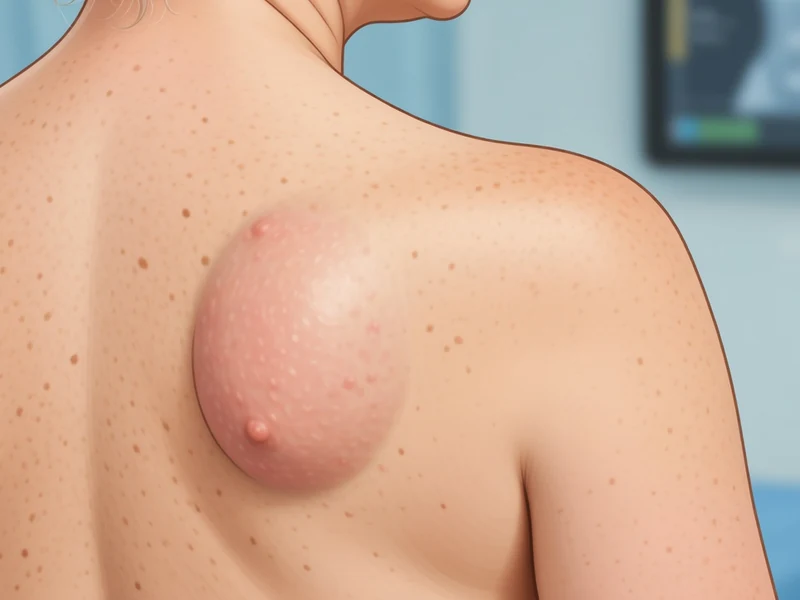 Vue du dos d'une personne présentant un lipome dans le dos arrondi