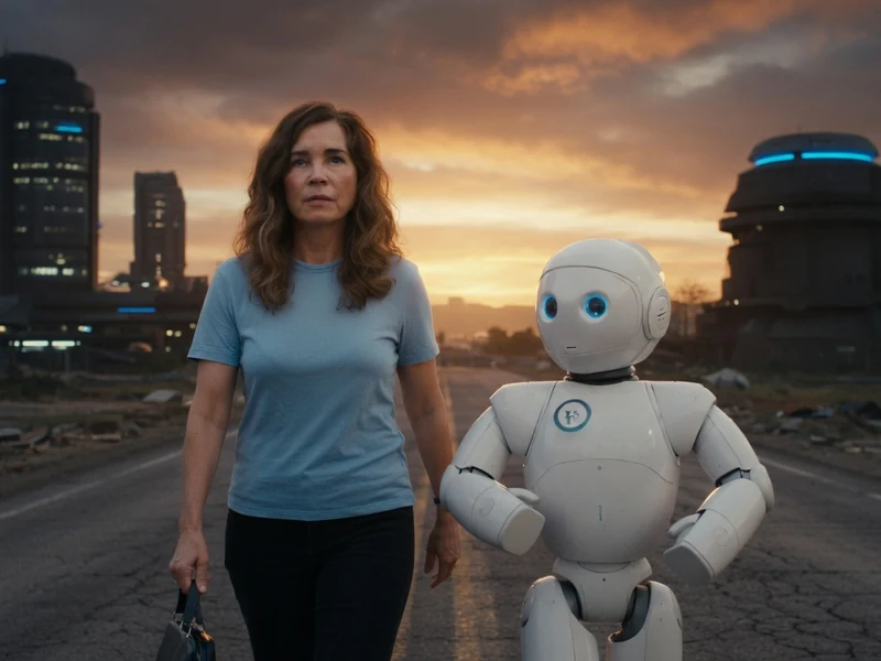 Blanche Gardin marche aux côtés d'un robot dans un monde merveilleux au décor futuriste et crépusculaire
