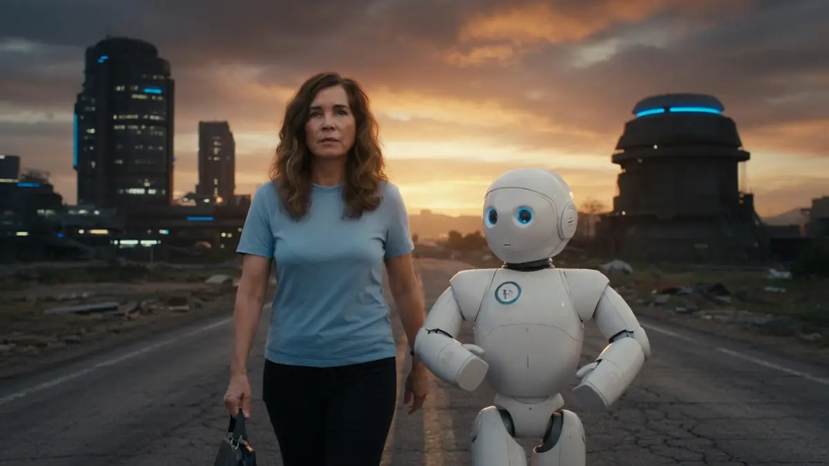 Blanche Gardin marche aux côtés d'un robot dans un monde merveilleux au décor futuriste et crépusculaire