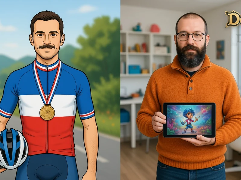 Anthony Roux apparaît à la fois en cycliste médaillé et en homme tenant une tablette