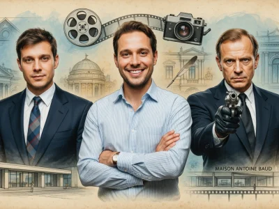 Trois incarnations d'Antoine Baud se tiennent côte à côte au milieu d'éléments graphiques divers