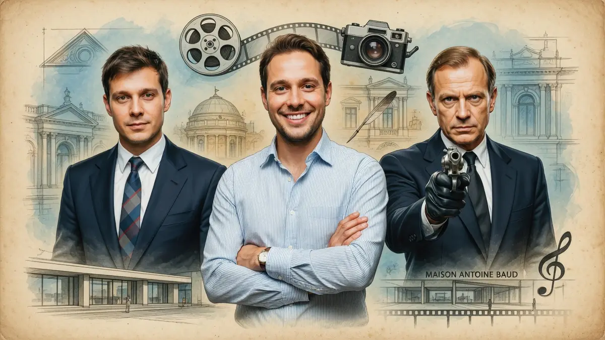 Trois incarnations d'Antoine Baud se tiennent côte à côte au milieu d'éléments graphiques divers