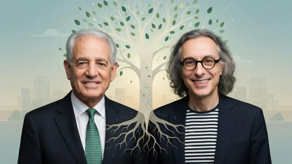 Deux portraits de Dominique Vincent juxtaposés sur fond d'arbre stylisé
