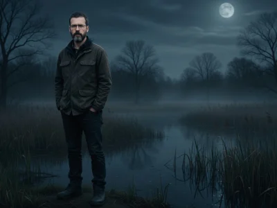 David Lefèvre se tient au bord d'un marais brumeux sous la pleine lune