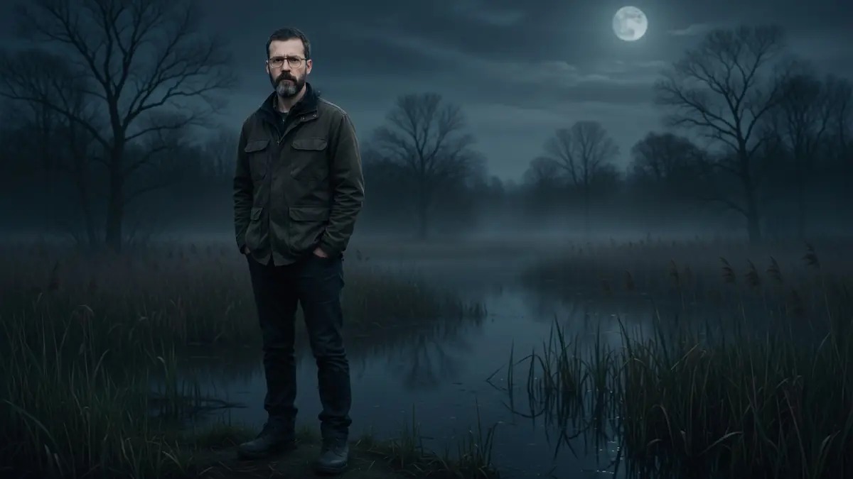 David Lefèvre se tient au bord d'un marais brumeux sous la pleine lune