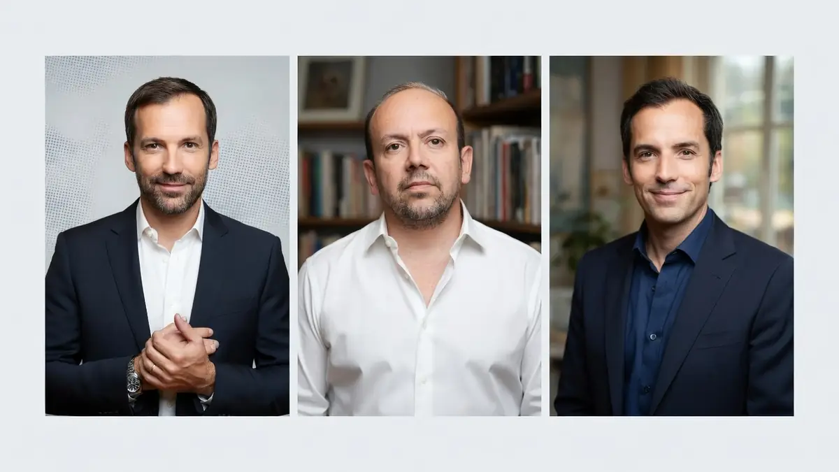 Trois portraits de Frédéric Joly sont affichés côte à côte