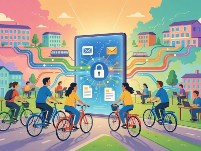 Représentation colorée de convergence Grenoble avec des personnes à vélo et un smartphone verrouillé au centre
