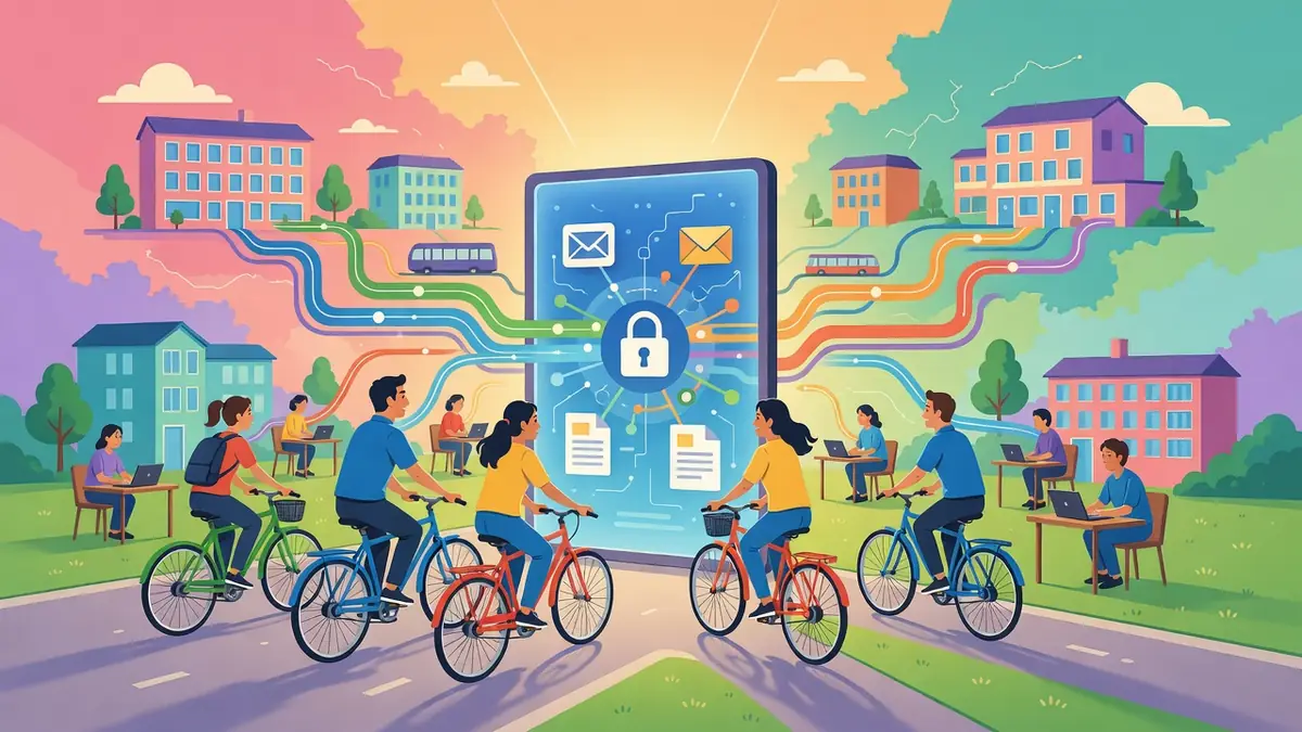Représentation colorée de convergence Grenoble avec des personnes à vélo et un smartphone verrouillé au centre