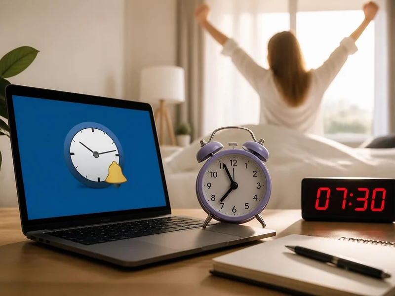 Un ordinateur affichant un réveil en ligne posé sur un bureau à côté d'une horloge analogique au réveil d'une personne