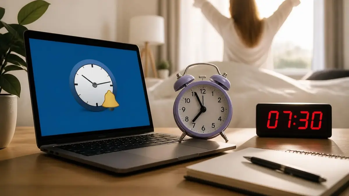 Un ordinateur affichant un réveil en ligne posé sur un bureau à côté d'une horloge analogique au réveil d'une personne