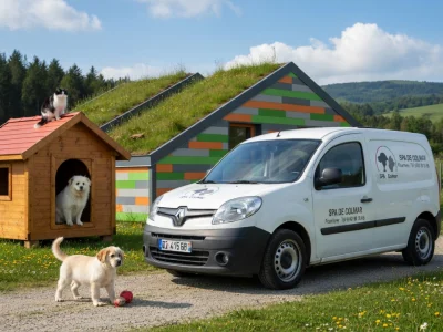 Des chiens et un chat devant un bâtiment et une camionnette de la société protectrice des animaux Colmar