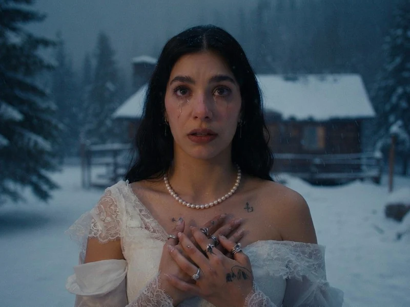 Une femme en robe blanche dans un paysage enneigé semble avoir un très mauvais pressentiment