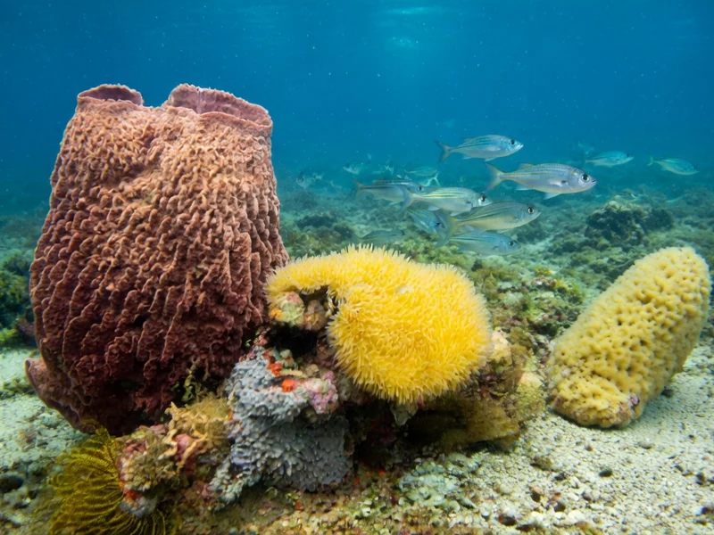 Une grande éponge de la Mer brune se trouve au milieu d'éponges jaunes et de poissons sur le sable océanique
