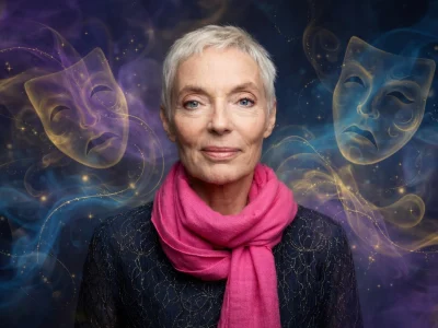 Agnès Berthon avec une écharpe rose devant des masques sur fond cosmique