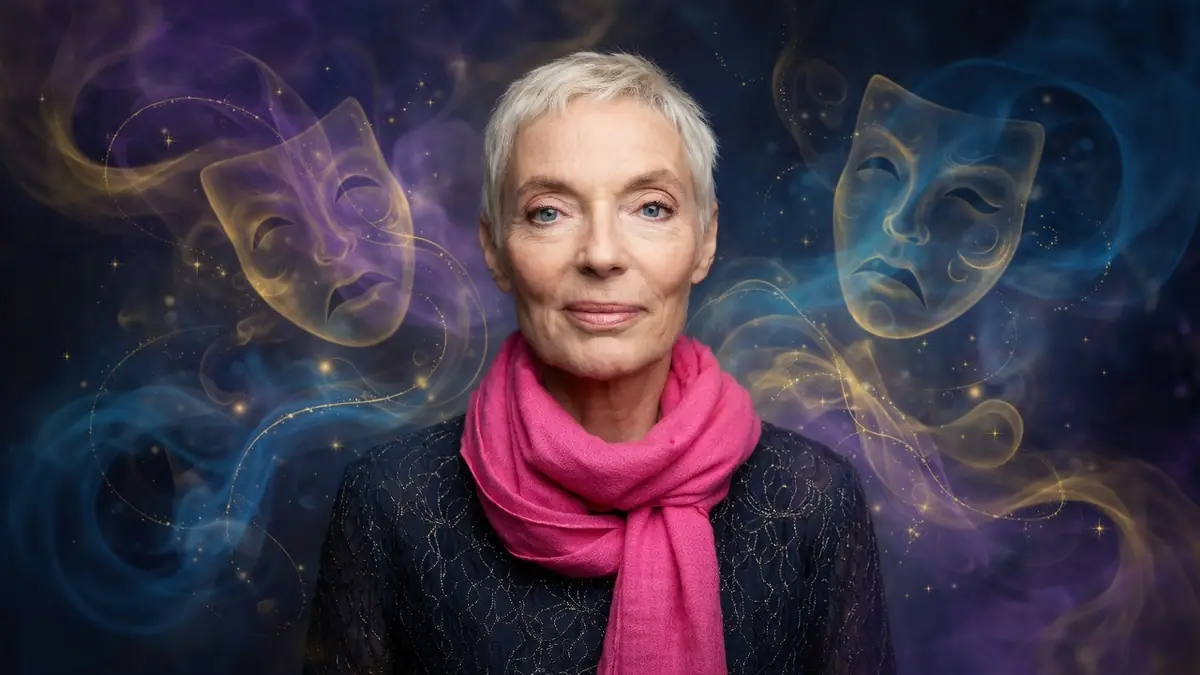 Agnès Berthon avec une écharpe rose devant des masques sur fond cosmique
