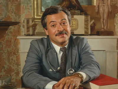 Thierry Liagre en costume gris avec un stéthoscope dans un intérieur classique