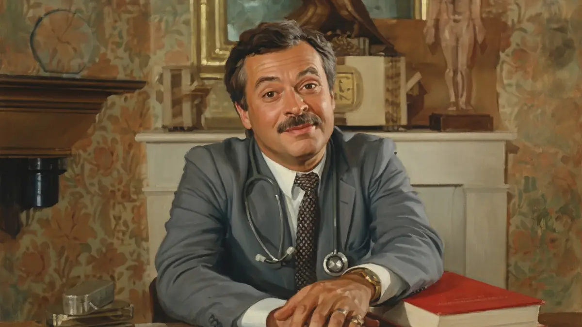 Thierry Liagre en costume gris avec un stéthoscope dans un intérieur classique