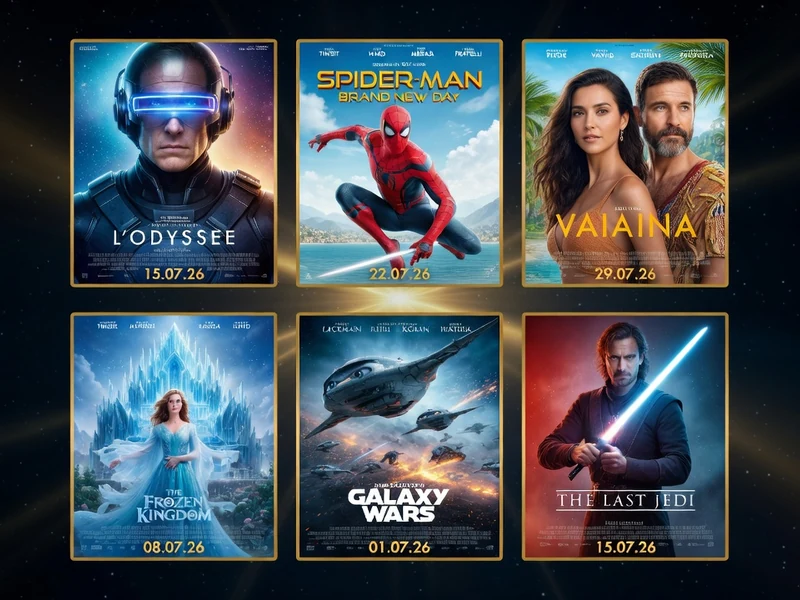Six affiches de films en grille sur fond spatial pour la sortie cinéma juillet 2026