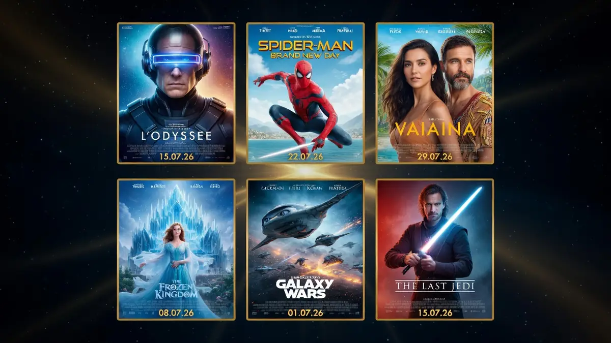 Six affiches de films en grille sur fond spatial pour la sortie cinéma juillet 2026