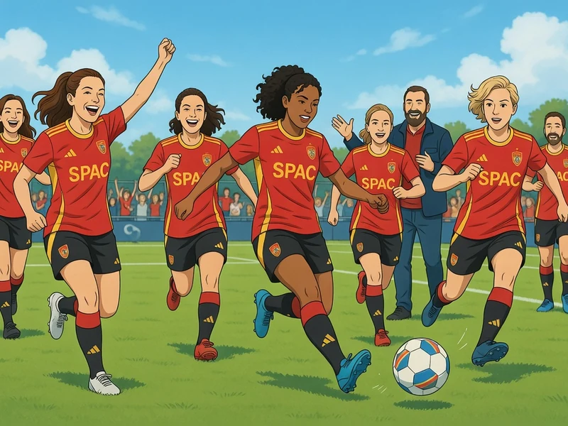 Des joueuses de football souriantes célèbrent leur victoire sur le terrain, formant une belle équipe dynamique