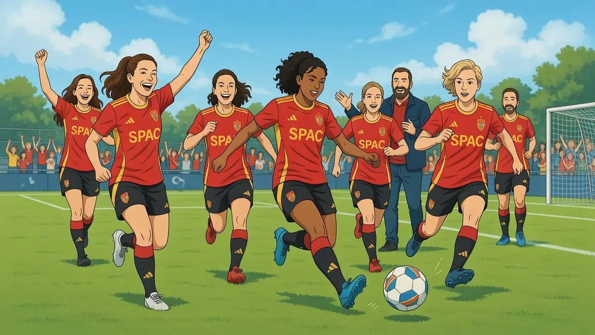 Des joueuses de football souriantes célèbrent leur victoire sur le terrain, formant une belle équipe dynamique
