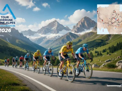 Le peloton de cyclistes roule sur la route alpine lors du critérium du Dauphiné 2026
