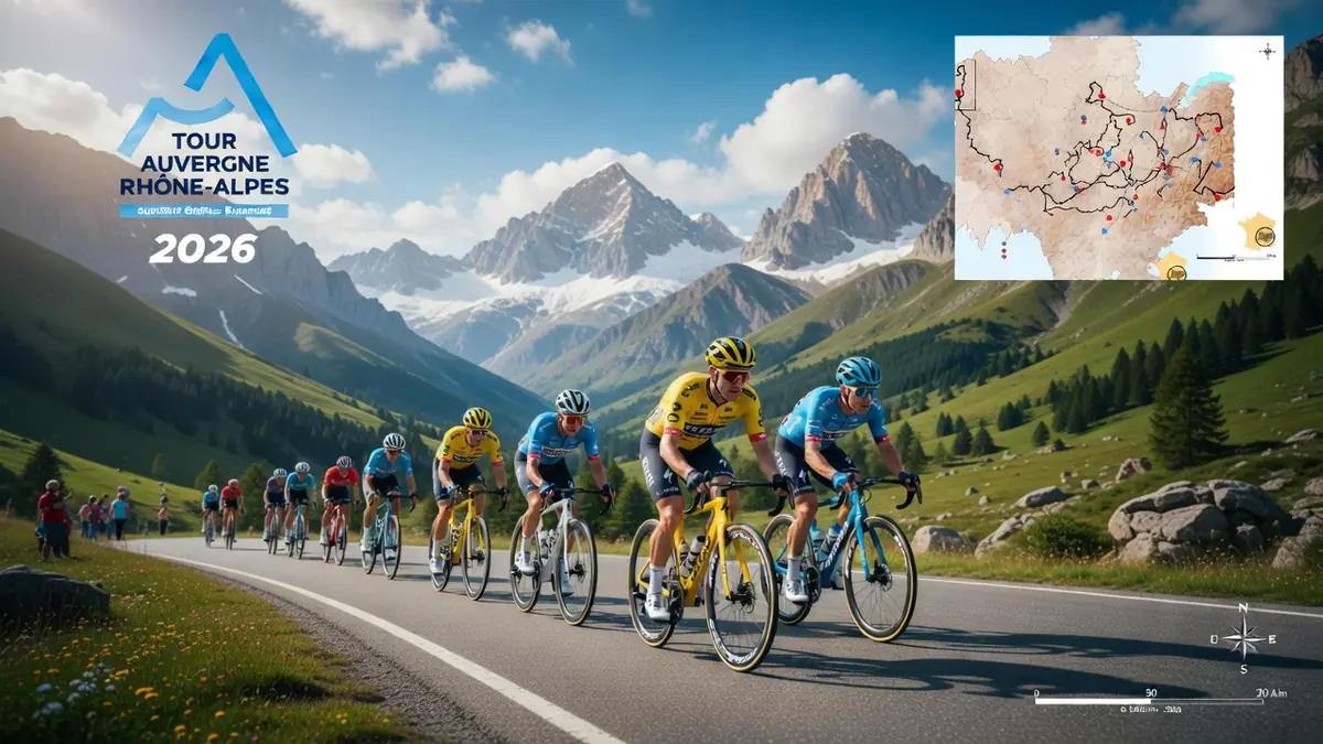 Le peloton de cyclistes roule sur la route alpine lors du critérium du Dauphiné 2026