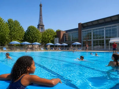 Des baigneurs profitent d'une piscine extérieure avec la tour Eiffel en arrière-plan