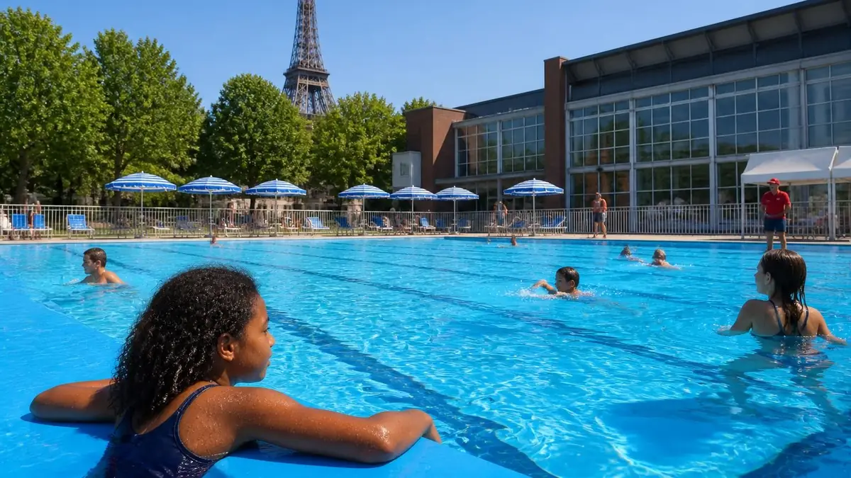 Des baigneurs profitent d'une piscine extérieure avec la tour Eiffel en arrière-plan