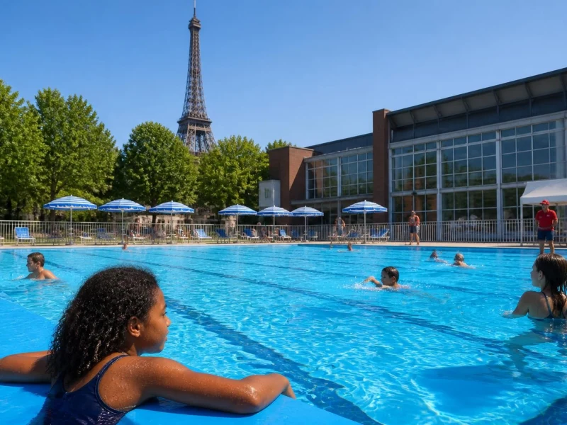 Des baigneurs profitent d'une piscine extérieure avec la tour Eiffel en arrière-plan