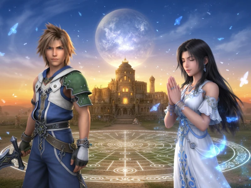 Un guerrier et une magicienne devant un temple au clair de lune dans une soluce FFX