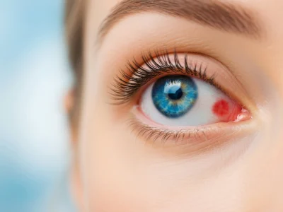 Gros plan d'un œil bleu montrant une hémorragie sous-conjonctivale sous la forme d'une tache rouge