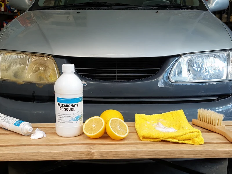 Accessoires pour astuce de grand-mère pour nettoyer les phares de voiture posés sur une table devant une voiture